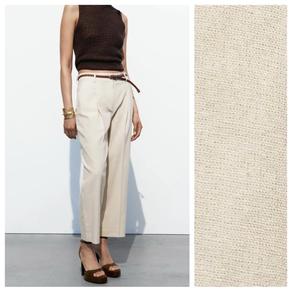 NWT. Zara Beige Linen Blend Belted Straight Leg Braided Belt Pants. Size S. - Picture 2 of 12
